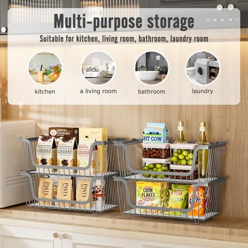 4 Pcs Stackable Wire Baskets,Pantry bin,14.57"L x 7.09"W x 5.12"H