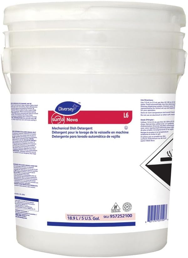 Diversey Suma Nova L6 Dish Detergent, 5 Gallon | Hard Water Cleaning, Grease Removal, Scale Control, Dishmachine Use, Concentrated