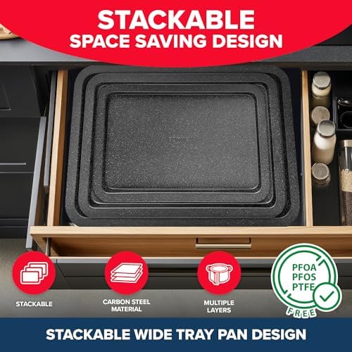 BAKKEN 3-Piece Kitchen Baking Pans - Small, Medium, and Large Cookie Pan, With Nonstick Coating, Stackable and Space-saving Design, PFOA, PFOS, PTFE Free, Oven Safe Tray (Up To 450°F), Gray Marble