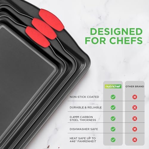 NutriChef Nonstick Cookie Sheets – Carbon Steel Baking Sheet Set with Non Stick Coating & Red Silicone Handles – Oven Pans for Family Baking 3-Piece Set (Pack of 10)