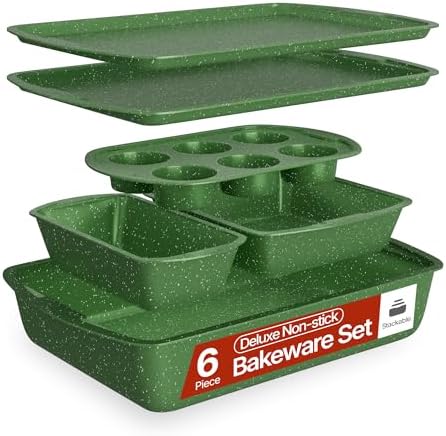 BAKKEN Kitchen Baking Pan Set - Nonstick Green Marble Coating, Commercial Grade Carbon Steel Bakeware Sets, Baking Kitchen Essentials, PFOA, PFOS, PTFE Free, Oven Safe Tray (Up To 450° F), Set of 6
