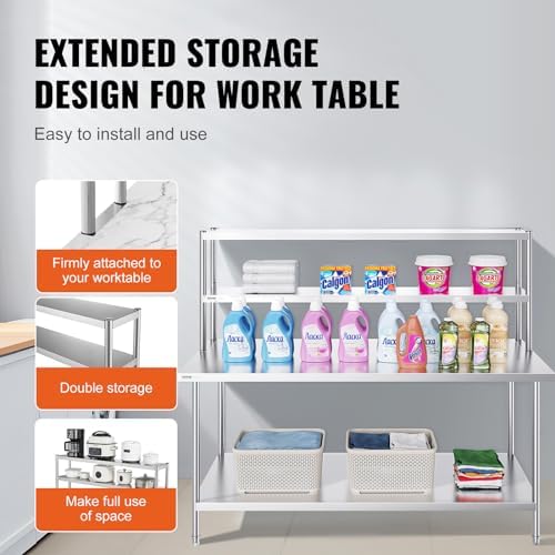 VEVOR Double Tier Stainless Steel Overshelf, 12 x 72 Inch Double Deck Height Adjustable Prep Work Table for Kitchen, Restaurant and Workshop