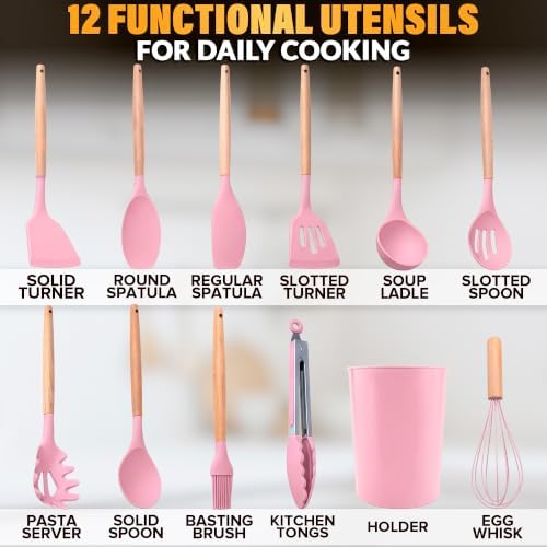 12 Pcs Pink Cooking Utensils Set with Holder for Nonstick Cookware