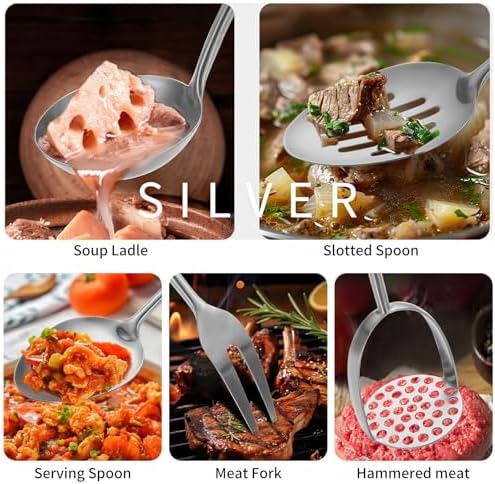 304 Stainlss Steel Kitchen Utensils Set, 12 Pcs Long Metal Cooking Utensil Gadgets Tools Set with Spatula, Ladle, Spoon, Ladle, Skimmer, Tunner, Pasta Server, Tongs(Silver, Dishwasher Safe)