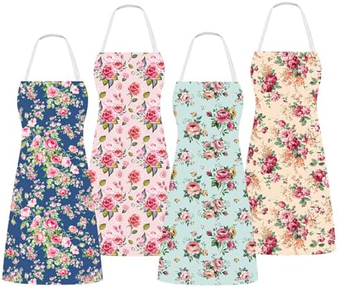 Whaline 4Pcs Floral Aprons Vintage Rose Flower Pattern Adjustable Kitchen Cooking Apron Decorative Reusable Aprons for Spring Dinner Baking Grilling Mom Wife Grandma Sister Gift Supplies