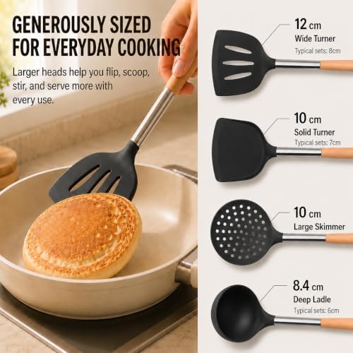 Silicone Kitchen Utensils Set, 9 Pcs Full-Size Non-Toxic Cooking Utensils with Wooden Handles & Stainless Steel Core, Heat Resistant Food Grade Kitchen Gadgets for Nonstick Cookware