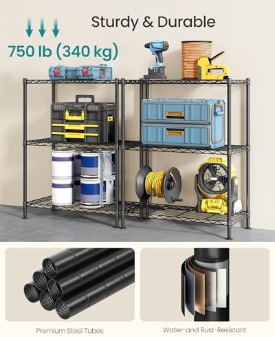 SONGMICS 3-Tier Storage Shelves, Adjustable Wire Shelving Unit, 8 Hooks