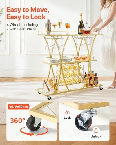 VEVOR Bar Cart, 3 Tiers Home Kitchen Serving Carts, Modern Rolling Utility Station on Wheels, Drink Beverage Trolley with Tempered Glass Shelves, Wine Rack, Glass Holder, for Living Dining Room, Gold