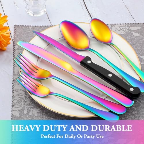 48 Pcs Rainbow Silverware Set with Steak Knives, Stainless Steel Flatware Cutlery Set for 8, Kitchen Tableware Sets, Utensil Sets for Home and Restaurant, Dishwasher Safe