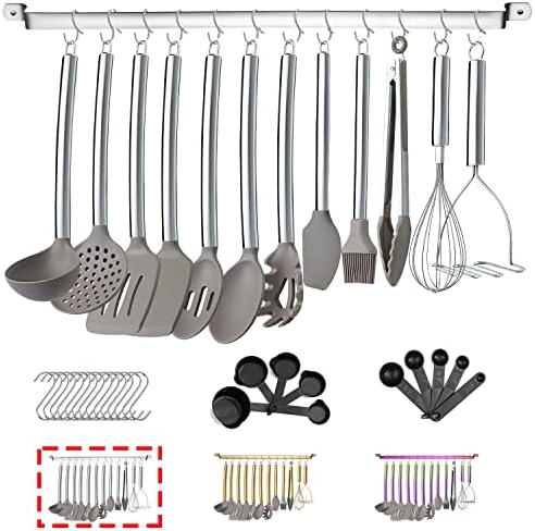 38 Piece Silicone kitchen Cooking Utensils Set with Utensil Rack, Silicone Head and Stainless Steel Handle Cookware, Kitchen Tools for Utensil Sets, Non-Stick kitchen Gadgets, Dishwasher Safe(Silver)