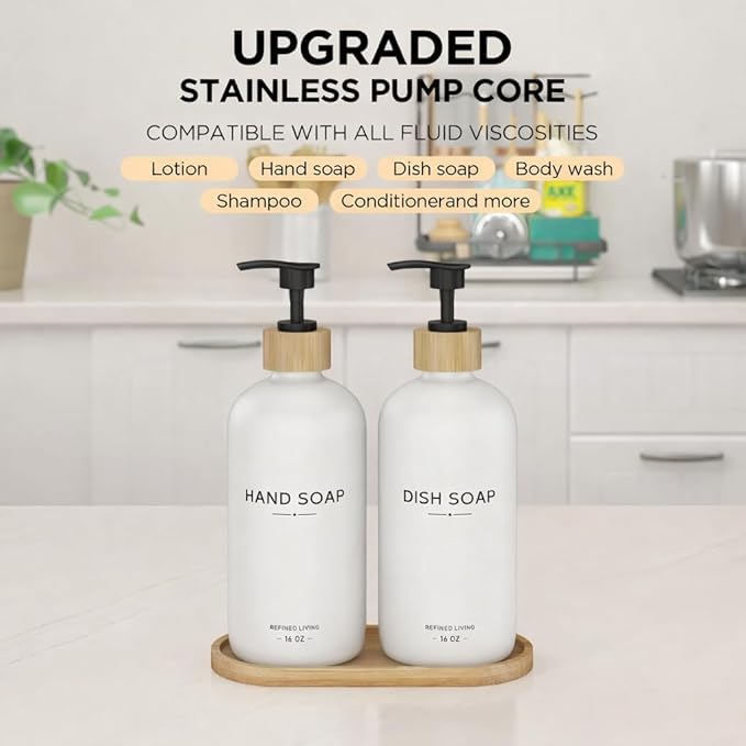 Hand and Dish Soap Dispenser Set, 16oz Glass Bottles - Image 4
