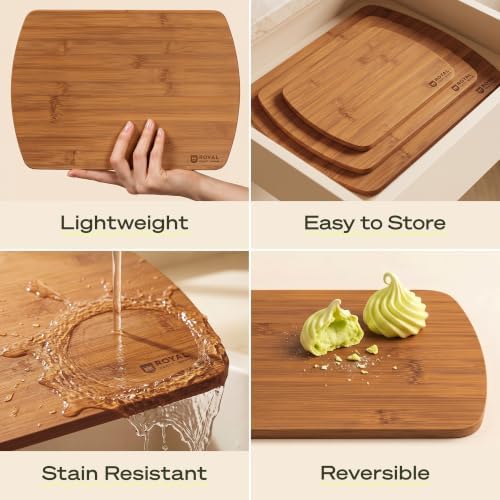 ROYAL CRAFT WOOD Wooden Cutting Boards for Kitchen Meal Prep & Serving - Bamboo Wood Serving Board Set with Deep Juice Groove Side Handles - Charcuterie & Chopping Butcher Block for Meat