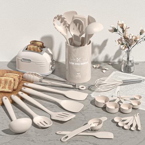 Umite Chef 22-Piece Silicone Cooking Utensils Set，Heat Resistant & Dishwasher Safe Kitchen Tools, Black Non-Scratch Spatula Set for Nonstick Cookware (Khaki)