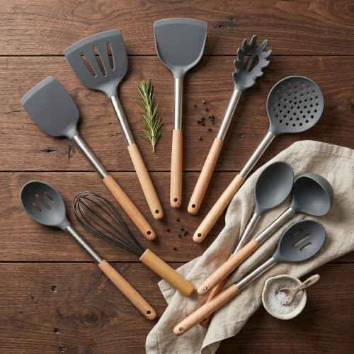 Silicone Kitchen Utensils Set, 9 Pcs Full-Size Non-Toxic Cooking Utensils with Wooden Handles & Stainless Steel Core, Heat Resistant Food Grade Kitchen Gadgets for Nonstick Cookware