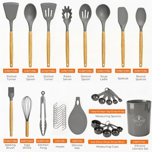 33 Pcs Silicone Kitchen Cooking Utensils Set, Wood Handle & Holder