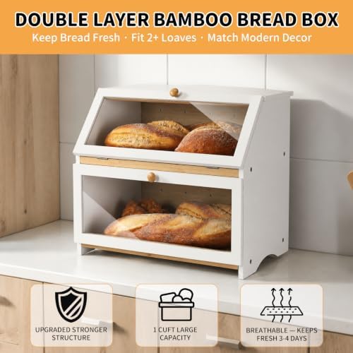 HOMEKOKO Double Layer Wood Bread Box for Kitchen Counter,Keep Fresh, White
