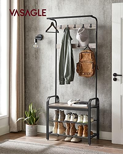 VASAGLE Coat Rack, Hall Tree with Shoe Bench, 4-in-1, 9 Removable Hooks