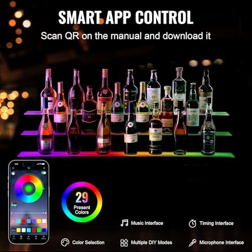 VEVOR LED Lighted Liquor Bottle Display, 3 Tiers 48 Inch Commercial Illuminated Home Bar Shelf, 3 Steps Whiskey Rack Stand, Acrylic Drink Shelves with RF Remote & App Control, and Multicolor Light