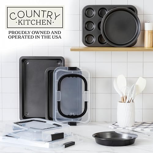 Country Kitchen Baking Pans Set - 10 Piece Non-Stick Cake Pans with Carry Lids for Easy Storage & Travel, Perfect for Parties - Stackable, Black