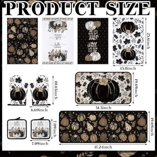 Fanfanwin 10 Pcs Fall Pumpkin Kitchen Decor Set Kitchen Towels Pot Holders Oven Mitts and Rugs Set Thanksgiving Towels for Baking Cooking BBQ Autumn Home(Black Pumpkin,Black, White, Brown,10)