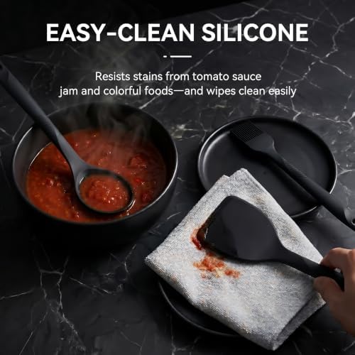 Silicone Cooking Utensils Set - 600°F Heat Resistant, Nonstick Kitchen Utensil Set with Spatulas, Spoons, Whisk, Tongs, BPA Free, Dishwasher Safe, Black