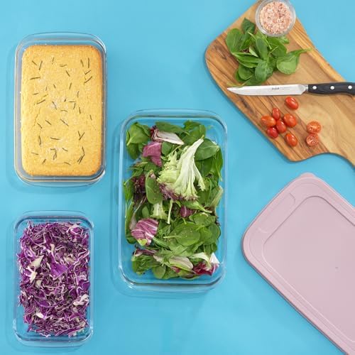 JoyJolt 8-Piece Borosilicate Glass Oven Dishes with Blushy Pink Lids, Rectangle Deep Glass Baking Dish Set, Baking Pans for Lasagna Casserole Cake, Bakeware Set, Freezer to Oven Tray to Dishwasher