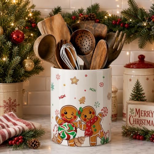 Christmas Gingerbread Man Ceramic Utensil Crock, Farmhouse Xmas Kitchen Utensil Holder, Countertop Storage Organizer, Christmas Decor Caddy for Spatulas, Baking Gadgets & Cooking Tools