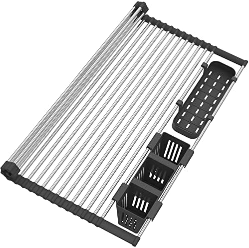 BBXTYLY Extra Large Black Expandable Roll Up Dish Drying Rack Up to 22.8''with 2 Storage Baskets,Over The Sink Kitchen Rolling up Dishes Drainer, Foldable,Rollable