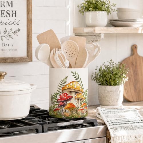 Yellow Mushroom Ceramic Utensil Crock, Forest Mushroom Kitchen Utensil Holder, Farmhouse Rustic Countertop Storage Organizer, Cute Cottagecore Home Decor Caddy for Spatulas Baking Cooking Tools