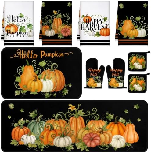 Fanfanwin 10 Pcs Fall Pumpkin Kitchen Decor Set Black Kitchen Rugs Set