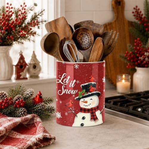 Christmas Snowman Kitchen Utensil Holder, Let It Snow Large Ceramic Utensil Holder For Countertop Organizer, 6.3'' Winter Cooking Utensil Crocks Festivel Decor Utensil Storage Cup for Kitchen