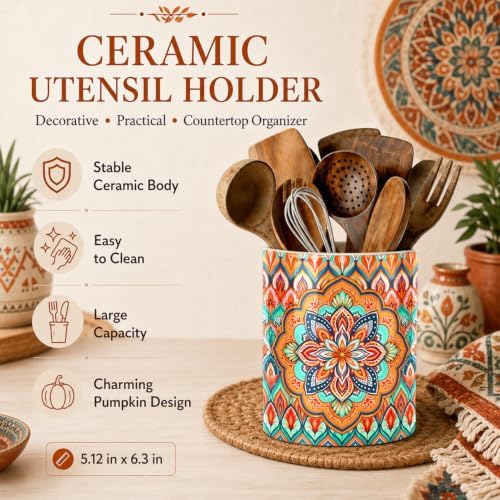 Orange Bohemian Kitchen Utensil Holder, Boho Style Ceramic Utensil Holder For Countertop Organizer, 6.3'' Winter Cooking Utensil Crocks Festivel Decor Utensil Storage Cup for Spatulas, Spoons