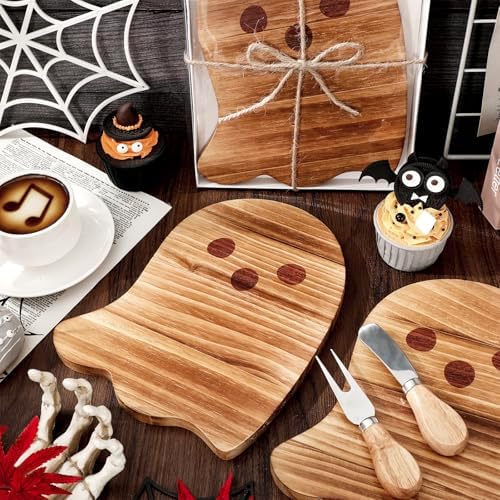 JarThenaAMCS 4 Pack Halloween Cheese Board Cute Ghost Boo Small Cutting Serving Tray Platter with Knife Set for Charcuterie Trick or Treat Party Home Decoration