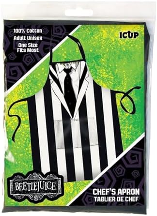 NMR ICUP Beetlejuice Chef Apron, 100% Cotton Adult Unisex One Size Fits Most Kitchen Apron for Cooking, Baking, BBQ, Halloween Fans & Movie Collectors