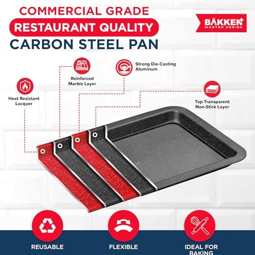 BAKKEN Kitchen Baking Pans - Nonstick Gray Coating, 13.18’’ × 8.66’’ Commercial Grade Carbon Steel Cookie Sheet, Baking Kitchen Essentials, PFOA, PFOS, PTFE Free, Oven Safe Tray (450° F), Gray