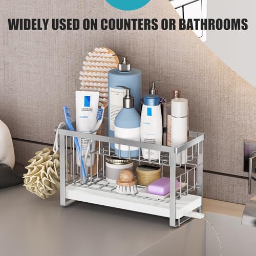 Sponge Holder for Kitchen Sink with Flexible Sink Caddy Smiley Face,2 Tier Kitchen Sink Organizer Countertop and Storage Essentials,Soap Dispenser Organize,Home Decor Accessories-Silver