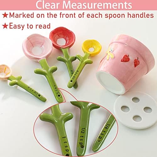 Flower Measuring Spoons Set in Pot - Ceramic Baking Measuring Spoons with Holder for Dry & Wet Ingredients - Cute Flower Figurine - Dishwasher Safe - 1 Tbsp, 1/2 Tsp, 1/4 Tsp - Unique Gift - Blue