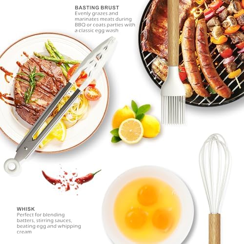 oannao Silicone Cooking Utensils Set - 446°F Heat Resistant Silicone Kitchen Utensils for Cooking,Kitchen Utensil Spatula Set w Wooden Handles and Holder for Non-Stick Cookware (Cream White)