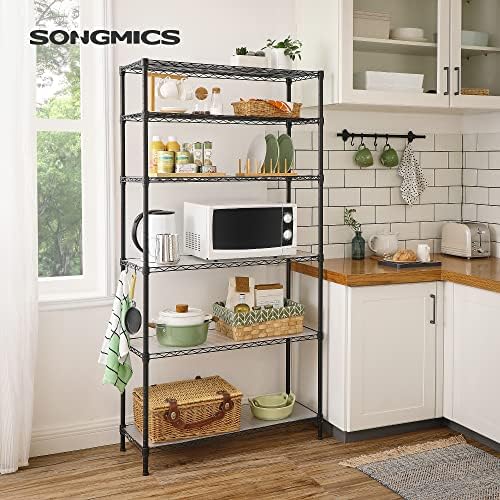 SONGMICS 6-Tier Storage Shelves, Adjustable Wire Shelving Unit, 8 Hooks