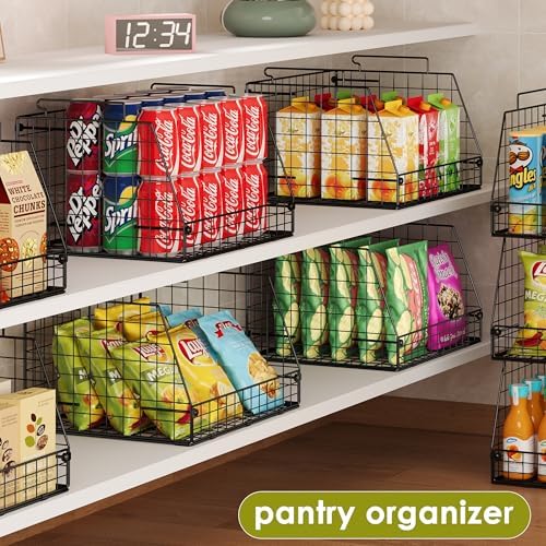 Jakyitvi 6 Pack Stackable Wire Baskets for Pantry,6 Pank Metal Pantry Organizer Storage Bins for Kitchen Snack, Fruit, Potato, Onion & Vegetable Storage, Wire Baskets for Pantry Organization
