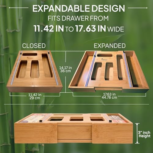 3" Slim 6-in-1 Expandable Storage Bag Organizer Kitchen Drawer - Bamboo Baggie Organizer for Drawer, Aluminum Foil & Saran Wrap Cutter, Plastic, Gallon, Quart & Sandwich Bags (11.5"-17.63" Wide)