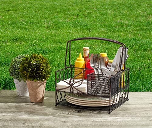 Gourmet Basics by Mikasa Loop Picnic Plate Napkin and Flatware Storage Caddy, Large Metal Organizer for Indoor and Outdoor Use, Antique Black