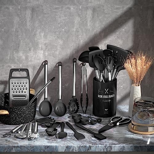 Umite Chef Thickened Kitchen Utensils Set- Silicone Cooking Utensils Set for Nonstick Cookware-Silicone Spatulas Set, Heavy Duty Stainless Steel Handle-Black Kitchen Gadgets Tools Set