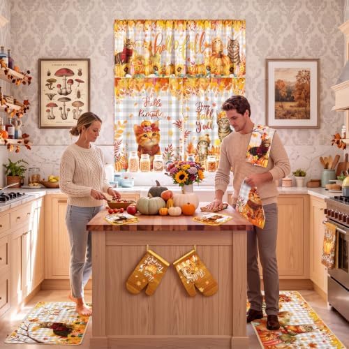 13 Pcs Fall Cat Kitchen Decor Set, Pumpkin Kitchen Towel Non Slip Rugs Set