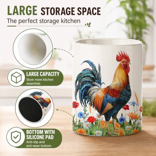 Rooster Ceramic Utensil Crock, Farm Rooster Kitchen Utensil Holder, Farmhouse Countertop Storage Organizer, Country Kitchen Decor Caddy for Spatulas & Baking Gadgets