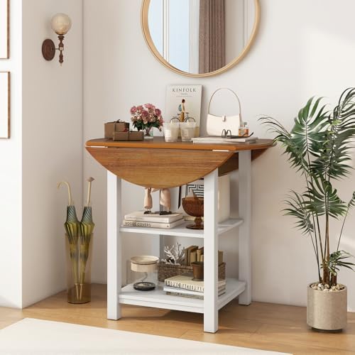 COSTWAY Folding Round Dining Table, Drop Leaf Table with 2 Shelves for Small Spaces, Foldable Office Table with 2-Layer Storage Rack, Versatile Console Table for Living Room, Dining Room, Kitchen