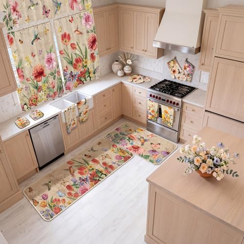 13 Pcs Wildflowers Grass Kitchen Decor Set 3 Hummingbird Kitchen Curtains Valance 2 Spring Rugs and Mats 4 Towels 2 Pot Holders 2 Oven Mitts for Home Cooking Grilling Housewarming Gift