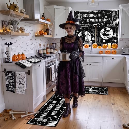 13 Pcs Vintage Witch Halloween Kitchen Decor, Kitchen Rugs Curtains Set