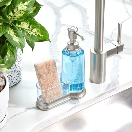 iDesign Plastic Kitchen Sink Caddy with Soap Dispenser, Clear/Brushed