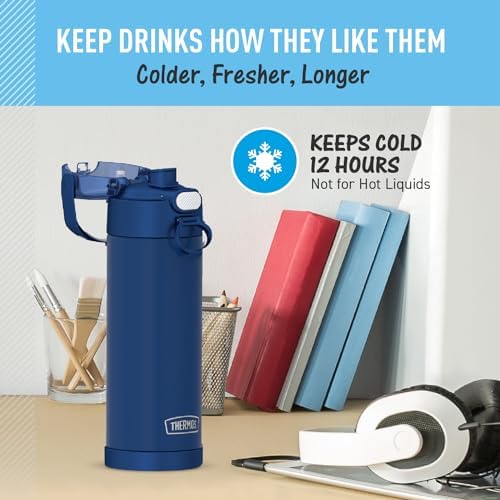 THERMOS FUNTAINER 16 Ounce Stainless Steel Vacuum Insulated Bottle with Wide Spout Lid,Navy,(Pack of 6)